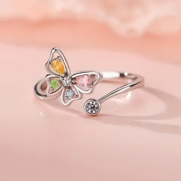925 Sterling Silver Plated Alloy Adjustable Butterfly Ring CZ Rhinestones - Picture 3 of 7